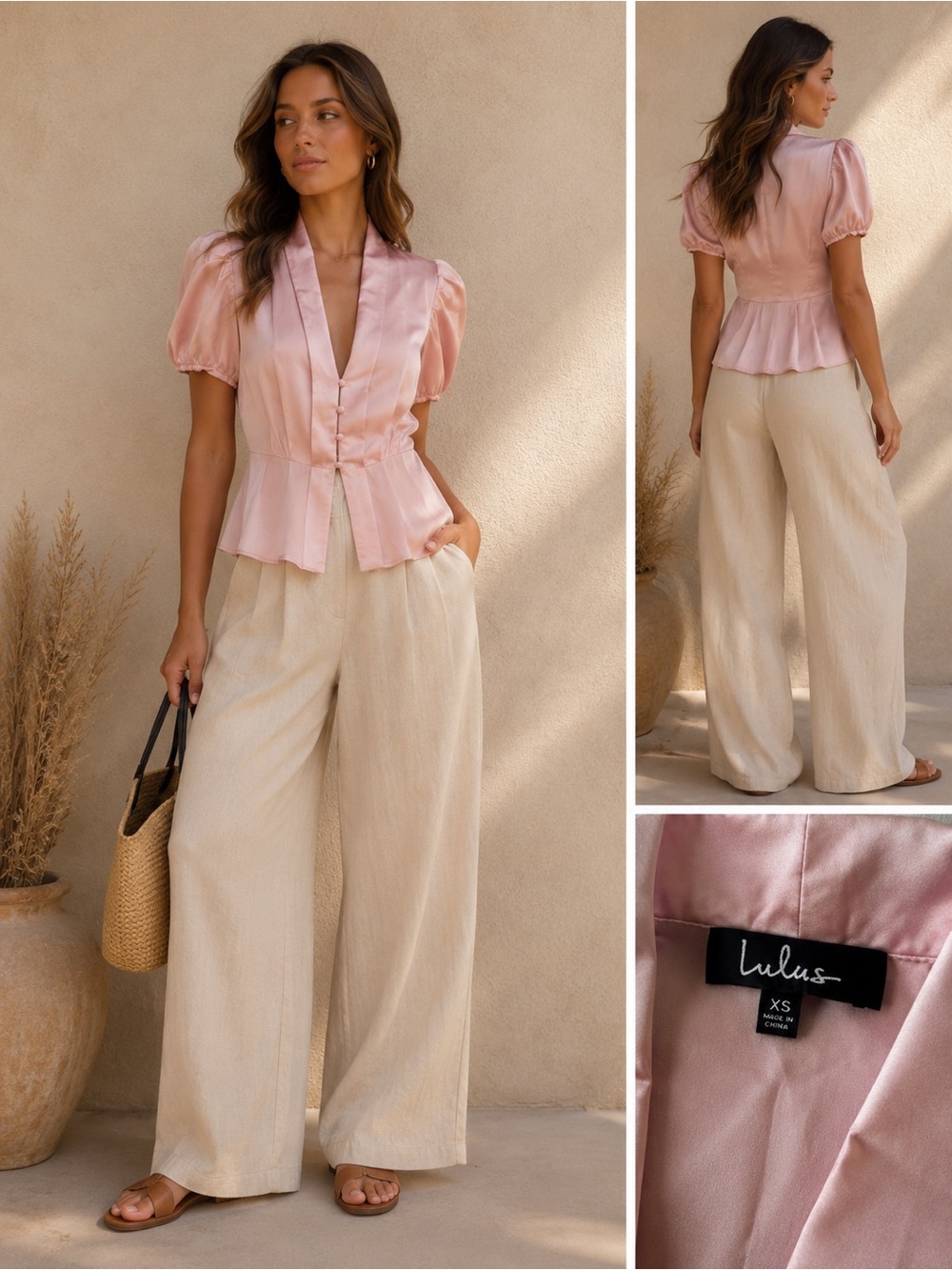 Lulu's Blush Satin Puff-Sleeve Peplum Top